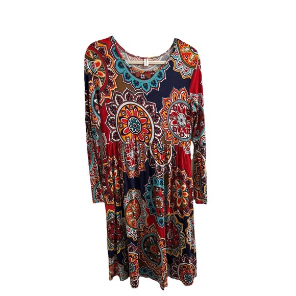 DB Moon Women’s Mandala Dress Long Sleeve Pockets Sz L Playful Prints Boho 2.0 - Picture 1 of 3